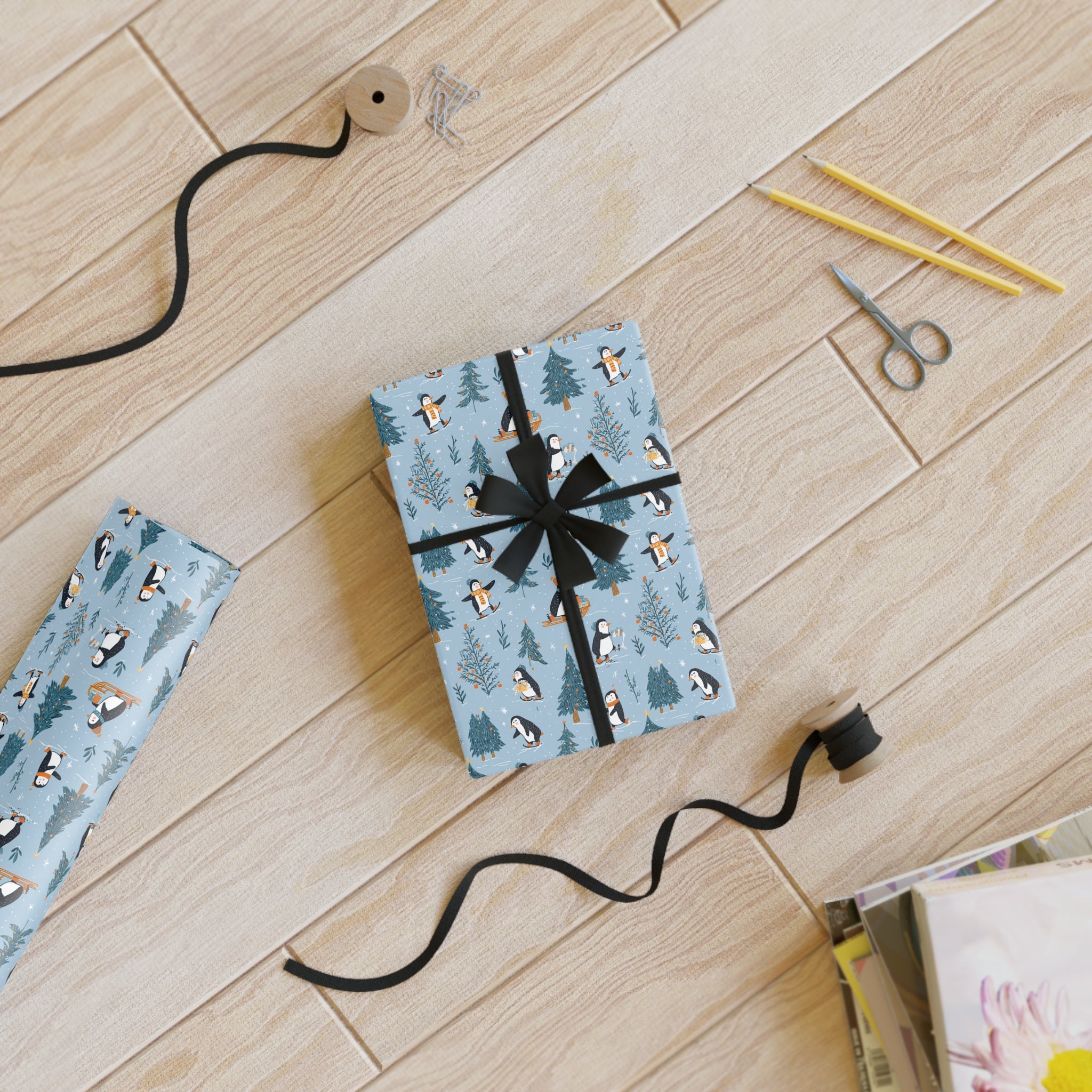 Winter Penguin Gift Wrap Roll — Blue Holiday Wrapping Paper with Penguins & Pine Trees