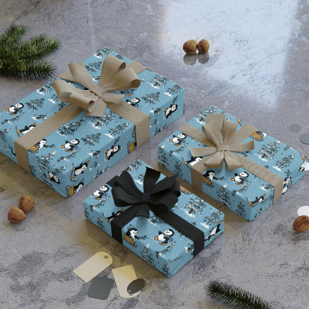 Penguin Pattern Wrapping Paper Roll — Blue Holiday Gift Wrap for Christmas & Winter Celebrations