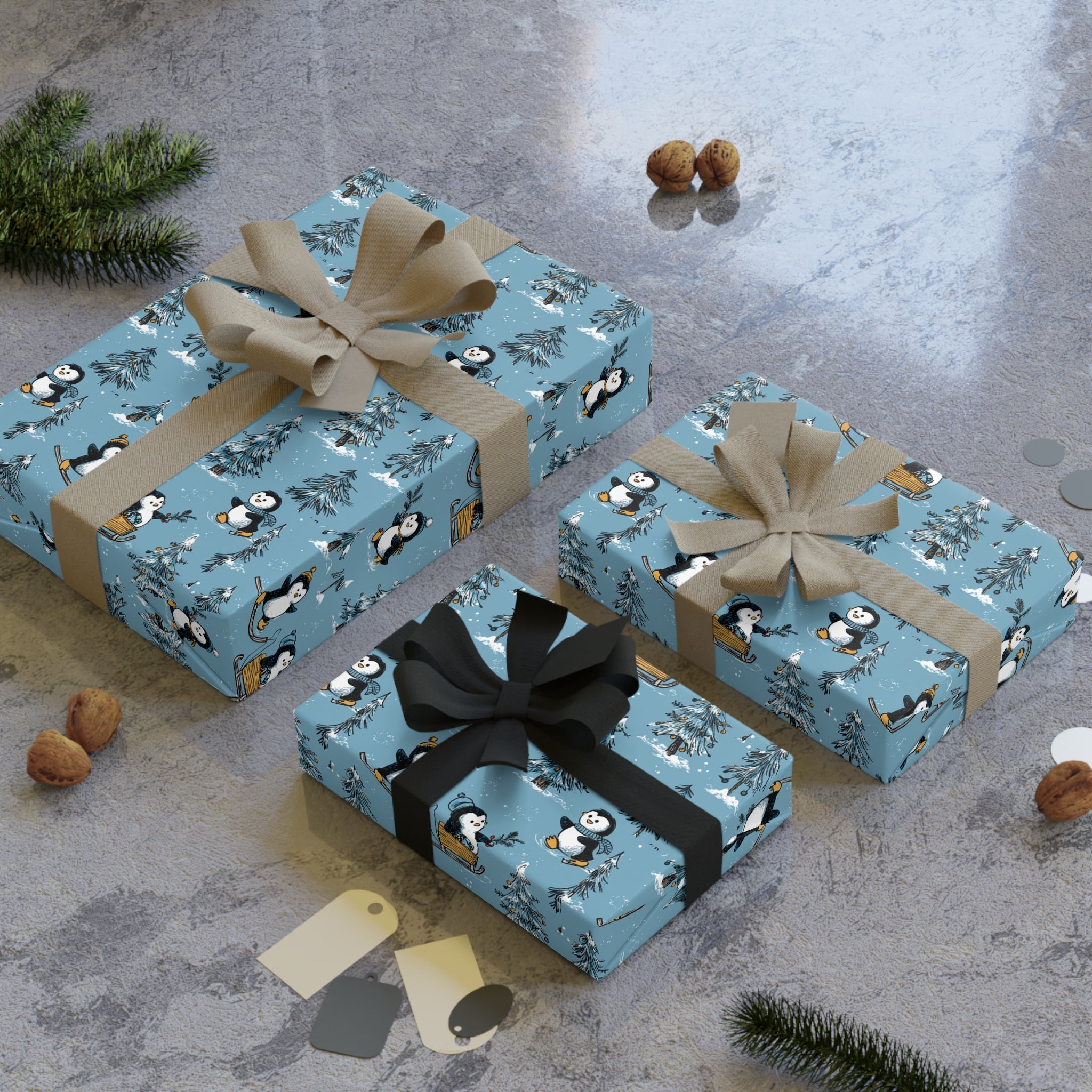 Penguin Pattern Wrapping Paper Roll — Blue Holiday Gift Wrap for Christmas & Winter Celebrations