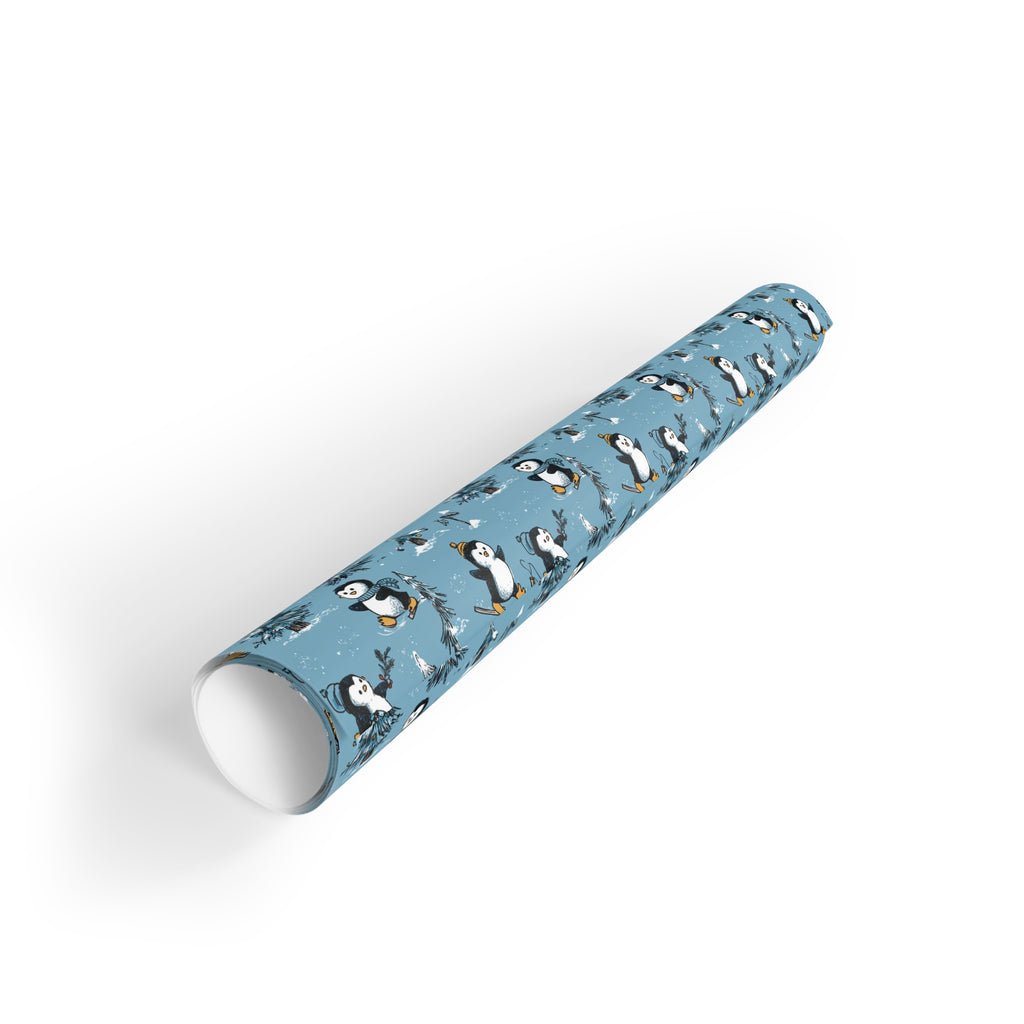 Penguin Pattern Wrapping Paper Roll — Blue Holiday Gift Wrap for Christmas & Winter Celebrations