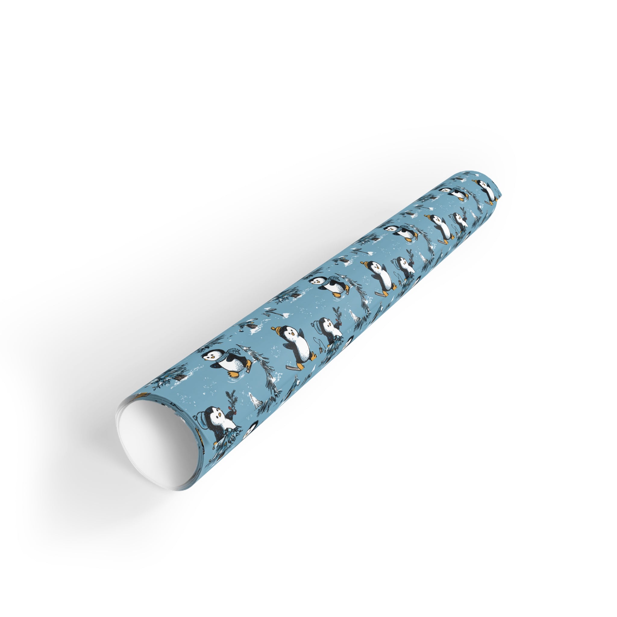 Penguin Pattern Wrapping Paper Roll — Blue Holiday Gift Wrap for Christmas & Winter Celebrations